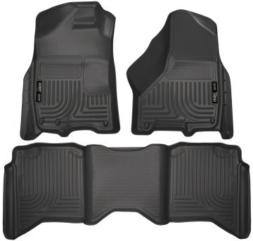 Husky Floor Liners Front & 2nd Row 09-15 Ram Crew Cab W/Dual Carpet Hooks (Footwell Coverage) -Black
